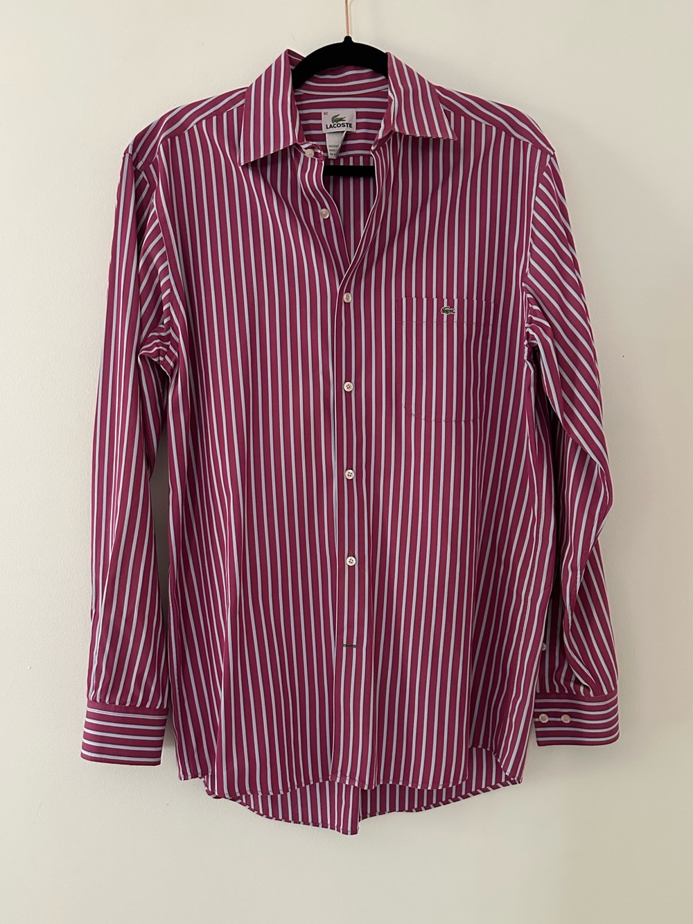 LACOSTE Crocodile Logo 100% Cotton Long Sleeve Shirt Pink/Blue Striped Mens